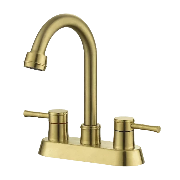 2-Handle High Arc Bathroom Faucet with Copper Pop-Up Drain in Brushed Gold