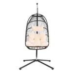 1-Person Black Wicker Patio Swing Folding Egg Chair with Beige Cushions