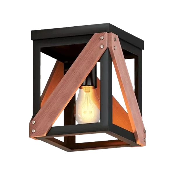 Rustic Industrial 1-Light Ceiling Fixture: Metal & Wood Cage Design for Hallway, Kitchen, Entryway – Black For Indoor