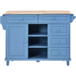 Kitchen cart with Rubber wood desktop rolling mobile kitchen island with storage and 5 draws 53 Inch length (Blue)