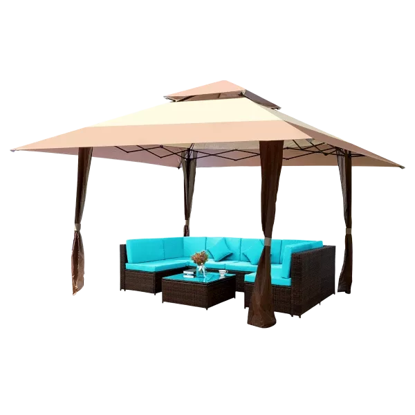 Pop Up Gazebo Canopy With Corner Curtain, Suitable For Backyard in Coffee Color