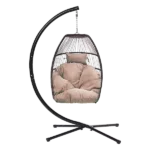 1-Seat Foldable Black Wicker Outdoor Patio Hanging Egg Chair with Brown Cushions and Headrest