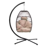 1-Seat Foldable Black Wicker Outdoor Patio Hanging Egg Chair with Brown Cushions and Headrest