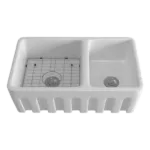 White Ceramic 33 in. Double Bowl Farmhouse Apron Kitchen Sink with Grid and Strainer