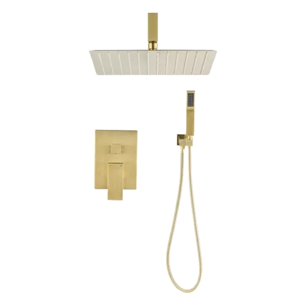 Ceiling Mounted Rectangular Brass Shower System with Handheld and 10"Shower head in Gold Color