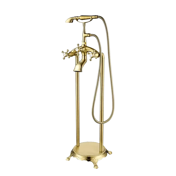 Triple Handle Floor Mounted Claw-foot Tub Faucet in Gold