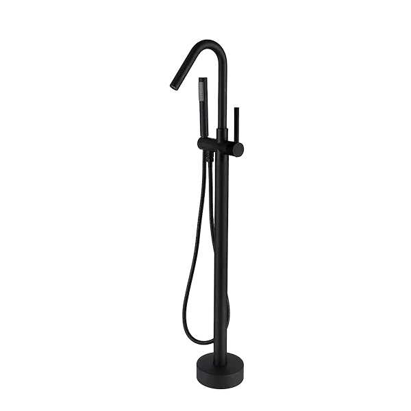Floor Mounted Single Handle Freestanding Tub Filler with Hand-Shower in Black