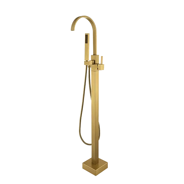 Floor Mount Single-Handle Freestanding Tub Faucet with Hand Shower and Gold Finish