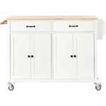 Kitchen Island Cart with Solid Wood Top and Locking Wheels,54.3 Inch Width,4 Door Cabinet and Two Drawers,Spice Rack, Towel Rack (White)