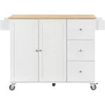 Rolling Mobile Kitchen Island with Solid Wood Top and Locking Wheels,52.7 Inch Width,Storage Cabinet and Drop Leaf Breakfast Bar,Spice Rack, Towel Rack & Drawer (White)