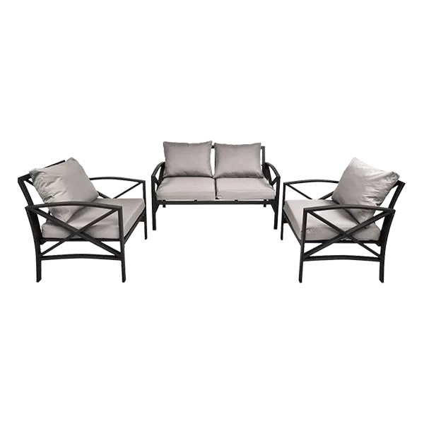 3 Piece Garden Outdoor Contemporary Couch, Black Metal with Gray Cushions