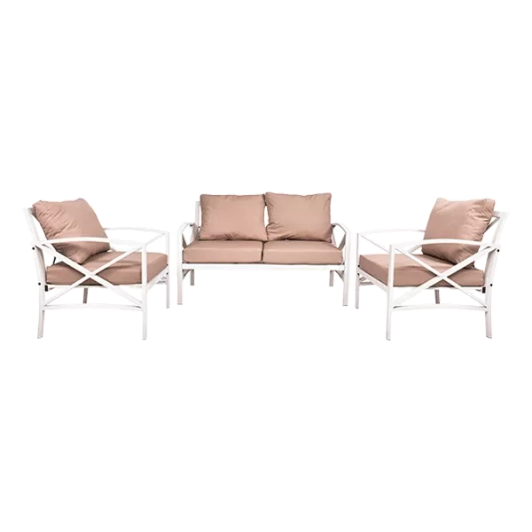 3 Piece Garden Outdoor Contemporary Couch with White Metal  Frame and Beige Cushions
