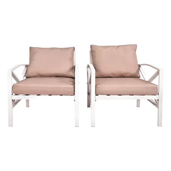 '-2 PCS Garden Outdoor Metal Couch Chair with White Frame Finish and Beige Cushions