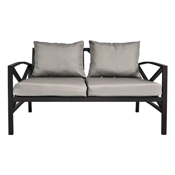 All Weather 2-Seater Outdoor Black Metal Outdoor Couch with Gray Cushions in Modern Design