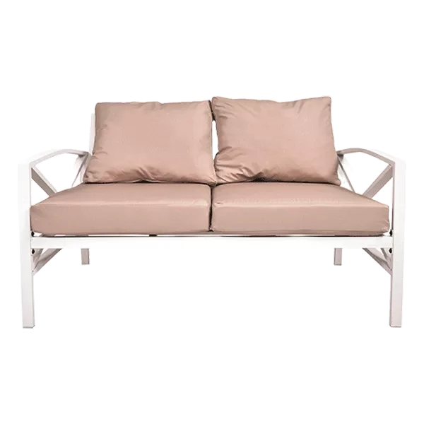 All Weather 2 Seater Outdoor Couch with Gray Cushions and White Metal