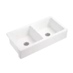 34 in. Double Bowl Apron Front Kitchen Sink in White with Grid and Strainer