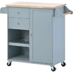 K&K Store Kitchen Cart with Spice Rack ,Towel Rack & Two Drawers,Rubber wood top,Kitchen Island with 4 Wheels for Dining Rooms Kitchens Living Rooms, Grey Blue