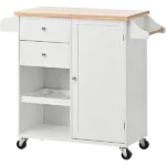 K&K Store Kitchen Cart with Spice Rack ,Towel Rack & Two Drawers,Rubber wood top,Kitchen Island with 4 Wheels for Dining Rooms Kitchens Living Rooms, White