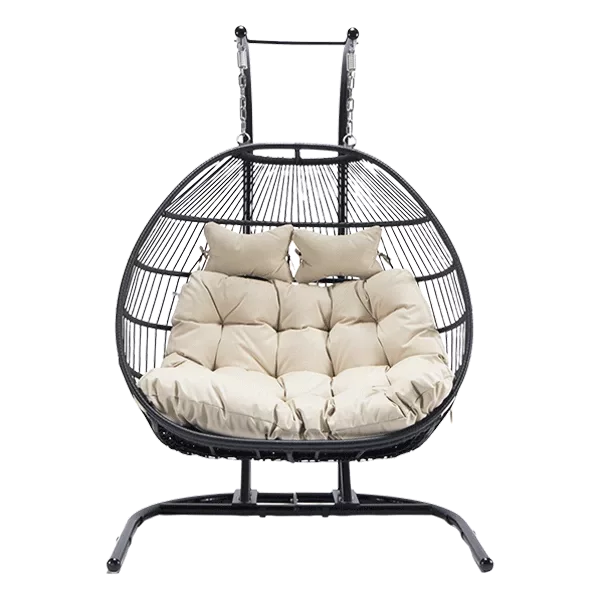 Double-Seat Folding Hanging Swing Chair with Stand and Cushion in White