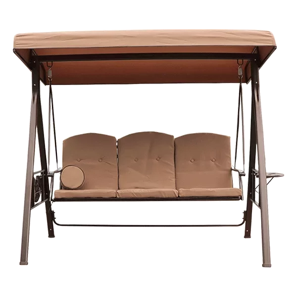 3-Person Outdoor Patio Swing Chair with Cup Holder and Adjustable Canopy in Beige Color