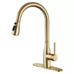 Brushed Gold Single-Handle Pull-down Deck Mount Kitchen Sink Faucet with Three-Function Sprayhead