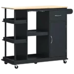 Multipurpose Kitchen Cart Cabinet with Side Storage Shelves,Rubber Wood Top, Adjustable Storage Shelves, 5 Wheels, Kitchen Storage Island with Wine Rack for Dining Room, Home,Bar,Black