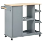 Multipurpose Kitchen Cart Cabinet with Side Storage Shelves,Rubber Wood Top, Adjustable Storage Shelves, 5 Wheels, Kitchen Storage Island with Wine Rack for Dining Room, Home,Bar,Grey Blue