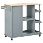 Multipurpose Kitchen Cart Cabinet with Side Storage Shelves,Rubber Wood Top, Adjustable Storage Shelves, 5 Wheels, Kitchen Storage Island with Wine Rack for Dining Room, Home,Bar,Grey Blue
