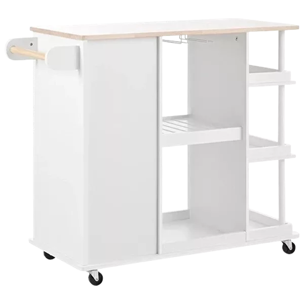 Multipurpose Kitchen Cart Cabinet with Side Storage Shelves,Rubber Wood Top, Adjustable Storage Shelves, 5 Wheels, Kitchen Storage Island with Wine Rack for Dining Room, Home,Bar,White
