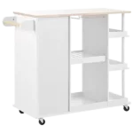 Multipurpose Kitchen Cart Cabinet with Side Storage Shelves,Rubber Wood Top, Adjustable Storage Shelves, 5 Wheels, Kitchen Storage Island with Wine Rack for Dining Room, Home,Bar,White