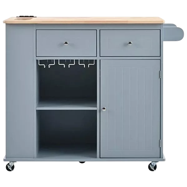 Kitchen Island with Power Outlet,Kitchen Storage Island with Drop Leaf and Rubber Wood,Open Storage and Wine Rack,5 Wheels,with Adjustable Storage for Home, Kitchen, and Dining Room, Grey Blue