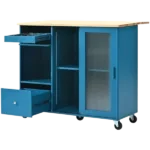 Kitchen Island with Drop Leaf, LED Light Kitchen Cart on Wheels with 2 Fluted Glass Doors and 1 Flip Cabinet Door, Large Kitchen Island Cart with an Adjustable Shelf and 2 Drawers (Navy Blue)