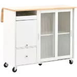 Kitchen Island with Drop Leaf, LED Light Kitchen Cart on Wheels with 2 Fluted Glass Doors and 1 Flip Cabinet Door, Large Kitchen Island Cart with an Adjustable Shelf and 2 Drawers (White)