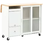 Kitchen Island with Drop Leaf, LED Light Kitchen Cart on Wheels with 2 Fluted Glass Doors and 1 Flip Cabinet Door, Large Kitchen Island Cart with an Adjustable Shelf and 2 Drawers (White)