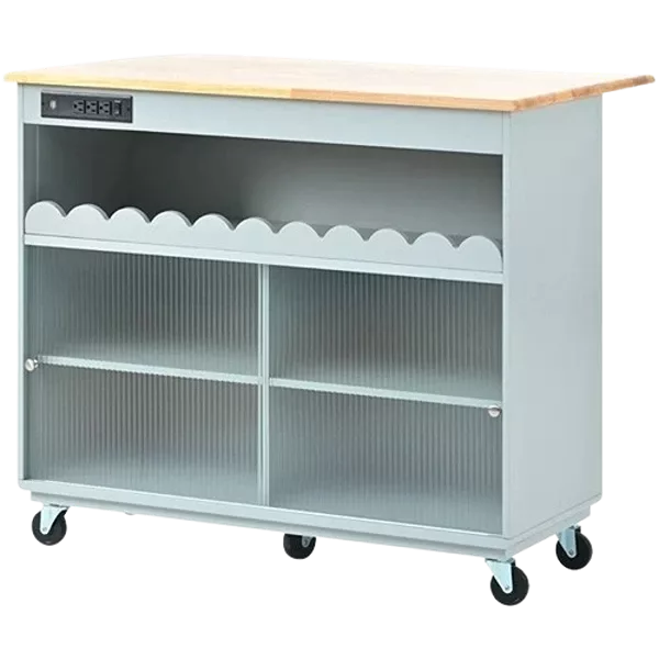 Kitchen Island with Drop Leaf, LED Light Kitchen Cart on Wheels with Power Outlets, 2 Sliding Fluted Glass Doors, Large Kitchen Island Cart with 2 Cabinet and 1 open Shelf (Grey Blue)