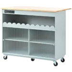 Kitchen Island with Drop Leaf, LED Light Kitchen Cart on Wheels with Power Outlets, 2 Sliding Fluted Glass Doors, Large Kitchen Island Cart with 2 Cabinet and 1 open Shelf (Grey Blue)