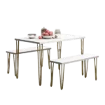 3-Piece Dining Table Set with 2 Benches, Featuring Thick Table and Bench Tops with an Elegant Iron Frame for 4 in Cozy Spaces, in Faux Marble White with Gold Accents