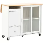 Kitchen Island with Drop Leaf, LED Light Kitchen Cart on Wheels with Power Outlets, 2 Sliding Fluted Glass Doors, Large Kitchen Island Cart with 2 Cabinet and 1 open Shelf (White)
