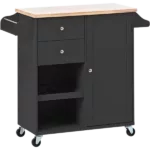 K&K Store Kitchen Cart with Spice Rack ,Towel Rack & Two Drawers,Rubber wood top,Kitchen Island with 4 Wheels for Dining Rooms Kitchens Living Rooms, Black