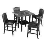 Modern Black 5 Piece Square Dining Set of Faux Marble Top with 4 Chairs and Bottom Shelf for Dining Room