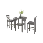 Farmhouse 3 Piece Round Counter Height Kitchen Dining Table Set with Drop Leaf Table, One Shelf and 2 Cross Back Padded Chairs for Small Places, Gray