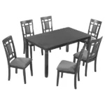 Modern Gray 7-Piece Farmhouse Rustic Wooden Dining Table Set  with 6 Padded Dining Chairs Ideal For Dining Room