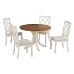 Modern Walnut+Beige 5-Piece Round Dining Table Set of Solid Wood With 4 Upholstered Chairs for Small Places