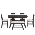Espresso+Beige Cushion 6-Piece Rectangular Dining Table Set of  Wood with Storage Shelf Bench and 4 Upholstery Chairs For Dining Room