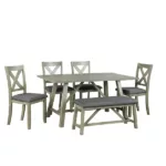 Modern Gray 6 Piece Rectangular Dining Table Set of Wood With Bench and 4 Chairs For Dining Room