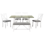 Modern White+Gray 6 Piece Rectangular Dining Table Set of Wood With Bench and 4 Chairs For Dining Room