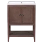 33 in. Bathroom Vanity Desk in Brown with Open Style Shelf and Pure White Ceramic Sink Top