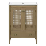 24" Bathroom Vanity with Ceramic Basin, Rattan Bathroom Storage Cabinet with Two Doors and Drawer, Solid Frame, Natural
