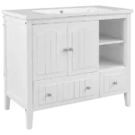 36" Bathroom Vanity with Ceramic Basin, Bathroom Storage Cabinet with Two Doors and Drawers, Solid Frame, Metal Handles, White
