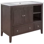36" Bathroom Vanity with Ceramic Basin, Bathroom Storage Cabinet with Two Doors and Drawers, Solid Frame, Metal Handles, Brown